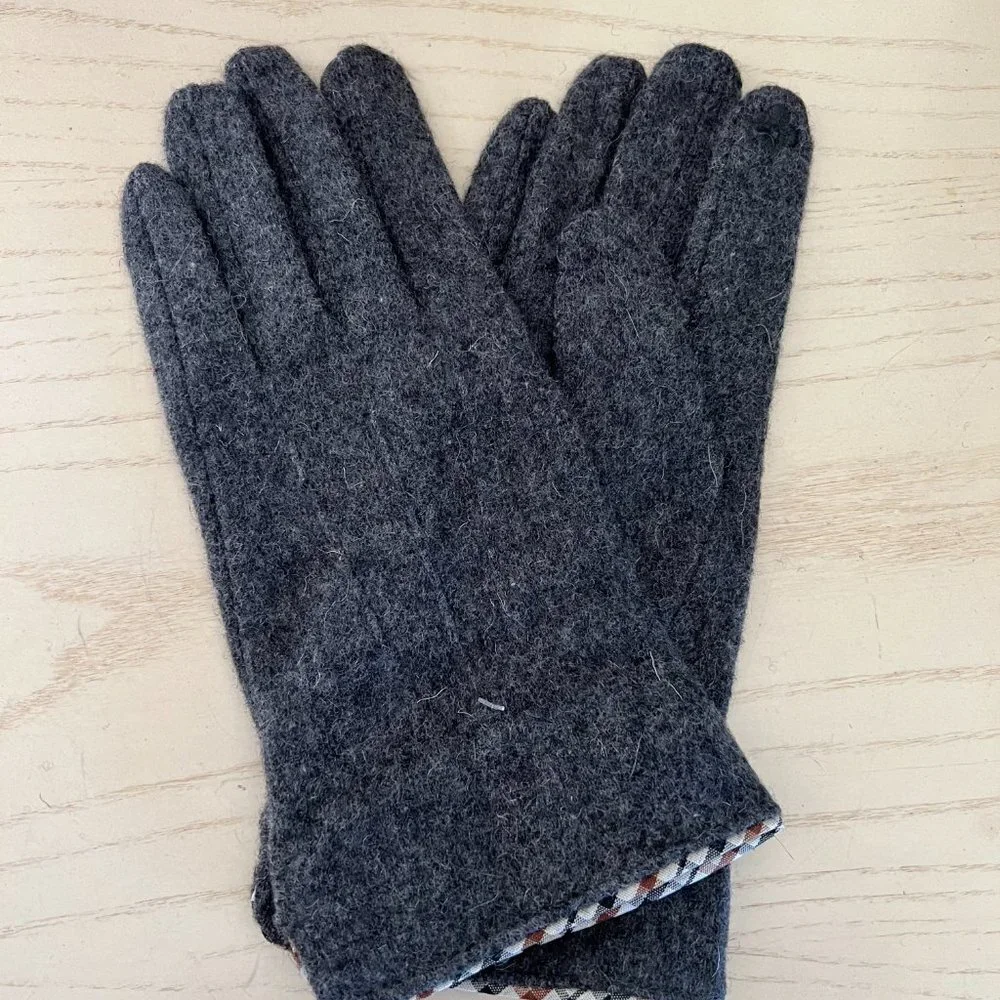 Winter Gloves Faux Cashmere Gray Plaid Cuff Touch Screen Smart